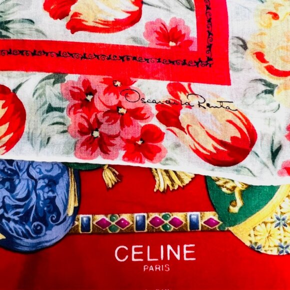 Set of 2 Unused  Cotton Mini Scarf 18" Oscar Dela Renta , 22" Celine Parise(29 - Picture 5 of 13